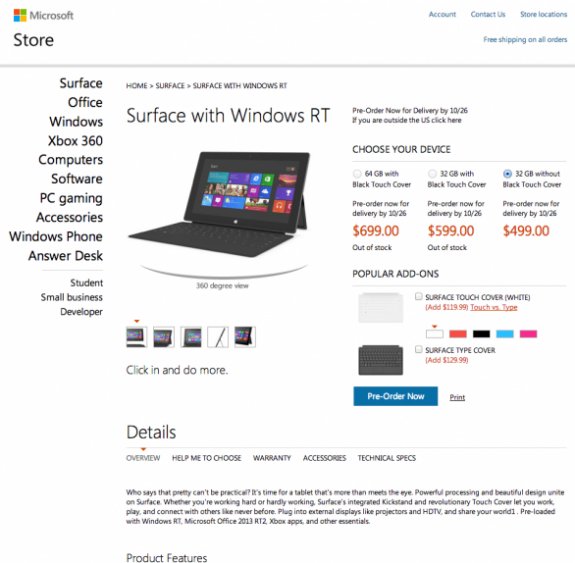 Microsoft Surface RT pricing